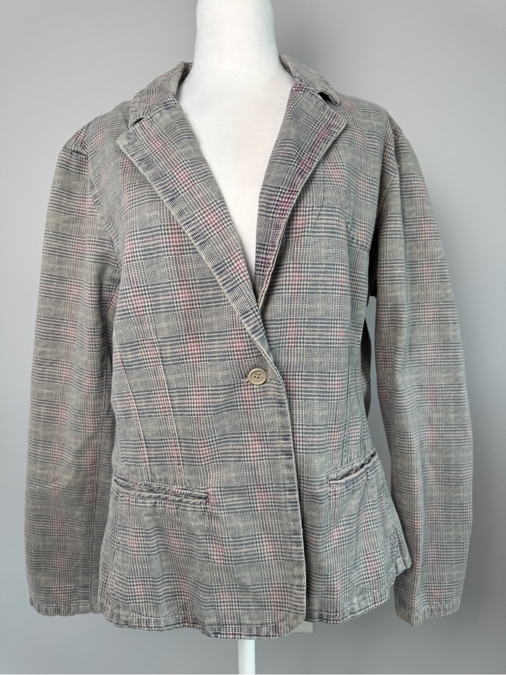 Caribbean Joe Y2K Academia Gray Pink Plaid Jacket 100% Cotton Preppy Distressed